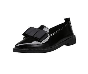 Ladies Pointed Toe Oxfords Casual Patent Loafers with Front Butterfly-Knot Elegant Low Heels Black Leather Shoes Classic Patent Moccasins for Uniform Work Office