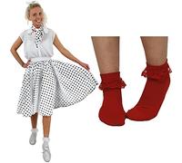 Ladies Polka Dot Skirt and Bobby Socks - UK 8-12 - White and Black Polka Dot Skirt and Red Frill Socks - Adults 50s Rock n Roll Fancy Dress Costume