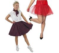 LADIES POLKA DOT SKIRT FANCY DRESS COSTUME - SHORT BLACK POLKA DOT SKIRT WITH MATCHING SCARF AND RED UNDERSKIRT (BLACK WITH PINK SPOTS & RED UNDERSKIRT - UK 14-18)