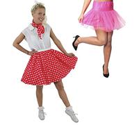 LADIES POLKA DOT SKIRT FANCY DRESS COSTUME - SHORT RED POLKA DOT SKIRT WITH MATCHING SCARF AND HOT PINK UNDERSKIRT (RED WITH WHITE SPOTS & HOT PINK UNDERSKIRT - UK 8-12)
