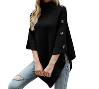 Ladies Poncho High Collar Shawls with Buttons Elegant Knitted Cape for Women Womens Cape Shawl Wrap Long Knitted Sweater Folded Roll Neck Button Jumper Ladies Poncho Top Long Sleeve Knitwear Black