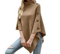 Ladies Poncho High Collar Shawls with Buttons Elegant Knitted Cape for Women Womens Cape Shawl Wrap Long Knitted Sweater Folded Roll Neck Button Jumper Ladies Poncho Top Long Sleeve Knitwear Beige