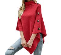 Ladies Poncho High Collar Shawls with Buttons Elegant Knitted Cape for Women Womens Cape Shawl Wrap Long Knitted Sweater Folded Roll Neck Button Jumper Ladies Poncho Top Long Sleeve Knitwear Red