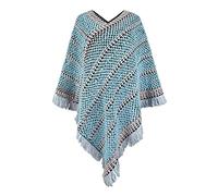 Ladies Poncho with Fringed Hem Ethnic Knit Crochet Cape Shawl Wrap Retro Long Sweater Poncho Top Ladies Knitted Shawls and Wraps Christmas Dress Ponchos for Autumn Winter 2024 (Blue, One Size)