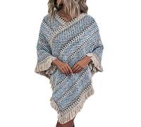 Ladies Poncho with Fringed Hem Ethnic Knit Crochet Cape Shawl Wrap Retro Long Sweater Poncho Top Ladies Knitted Shawls and Wraps Christmas Dress Ponchos for Autumn Winter 2024 (Khaki, One Size)