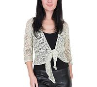 Ladies Popcorn Style Crochet Plain Stretch Fish Net Tie at Waist Bolero Shrug Open Cardigan