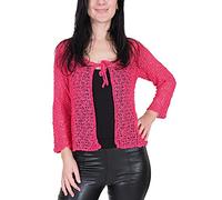 Ladies Popcorn Style Crochet Plain Stretch Fish Net Tie at Waist Bolero Shrug Open Cardigan (One Size, Hot Pink Cardigan)