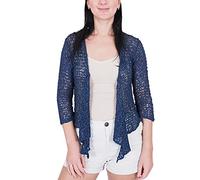 Ladies Popcorn Style Crochet Plain Stretch Fish Net Tie at Waist Bolero Shrug Open Cardigan (One Size, Dark Denim)