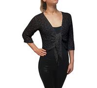 Ladies Popcorn Style Crochet Plain Stretch Fish Net Tie at Waist Bolero Shrug Open Cardigan (One Size, Dark Grey)