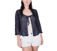 Ladies Popcorn Style Crochet Plain Stretch Fish Net Tie at Waist Bolero Shrug Open Cardigan (One Size, Navy Cardigan)