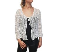 Ladies Popcorn Style Crochet Plain Stretch Fish Net Tie at Waist Bolero Shrug Open Cardigan (One Size, White Cardigan)