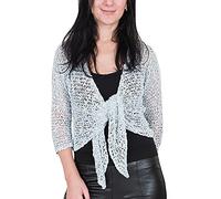 Ladies Popcorn Style Crochet Plain Stretch Fish Net Tie at Waist Bolero Shrug Open Cardigan (One Size, Powder Blue)
