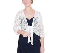 Ladies Popcorn Style Crochet Plain Stretch Fish Net Tie at Waist Bolero Shrug Open Cardigan (One Size, White)