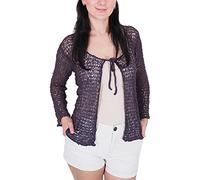 Ladies Popcorn Style Crochet Plain Stretch Fish Net Tie at Waist Bolero Shrug Open Cardigan (One Size, Purple Cardigan)