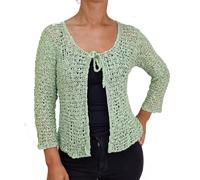 Ladies Popcorn Style Crochet Plain Stretch Fish Net Tie at Waist Bolero Shrug Open Cardigan (One Size, Sage Green Cardigan)