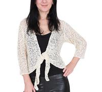 Ladies Popcorn Style Crochet Plain Stretch Fish Net Tie at Waist Bolero Shrug Open Cardigan (One Size, Cream)