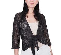 Ladies Popcorn Style Crochet Plain Stretch Fish Net Tie at Waist Bolero Shrug Open Cardigan (One Size, Black)