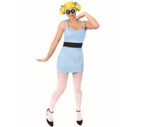 Ladies Powerpuff Girl Bubbles Costume - Blue Dress with Black Stripe, Bubbles Wig, Bubbles Glasses, White Tights - Adults Cartoon TV Show Fancy Dress Costume