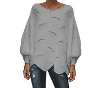 Ladies Presents Today's Deals Women's Sweatshirts Oversized Knitted Long Lantern Sleeve Pullover Tops Boat Neck Asymmetric Hem Jumper Blouses Warehouse Deals Clearance Fishing Grey