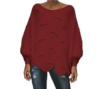 Ladies Presents Today's Deals Women's Sweatshirts Oversized Knitted Long Lantern Sleeve Pullover Tops Boat Neck Asymmetric Hem Jumper Blouses Hoodies Women UK Clearance Wine