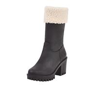 Ladies Presents Today's Deals Womens Waterproof Snow Boots Ladies British Solid Color Leather Plush Side Zipper Thick High Heel Fashion Cotton Boots Wide Deals of The Day Sale (Black, 5)
