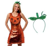 LADIES PUMPKIN COSTUME HALLOWEEN FANCY DRESS SEQUIN ORANGE DRESS + GREEN SEQUIN PUMPKIN HEADBAND SEXY SPOOKY OUTFIT (UK 12-14)