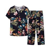 Ladies Pyjama Clearance,Women's Pyjama Set Cotton Linen V-Neck Button Floral Print Tropical Elegant Cosy Lightweight Short Sleeve Pjs Top&Amp Bottoms Pants Set Nightwear Soft Loungewear Sleepwear Suit