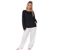 Ladies Pyjama Set Flannel Cotton Star Long Sleeve Crew Neck Winter Loungewear Navy