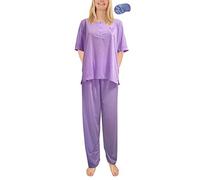Ladies Pyjama Set Plain Ultra Soft Cotton Floral Embroidered Short Sleeves with Lilac Eye Mask (8-10) Purple
