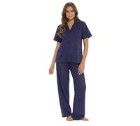 Ladies Pyjama Set Women Short Sleeve Button Front PJ Set Broderie Anglaise Nightwear Lounge Wear Soft Lightweight Summer Sleepwear Full Length Bottoms Navy 16-18