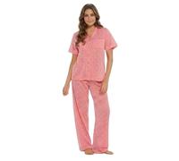 Ladies Pyjama Set Women Short Sleeve Button Front PJ Set Broderie Anglaise Nightwear Lounge Wear Soft Lightweight Summer Sleepwear Full Length Bottoms Pink 12-14