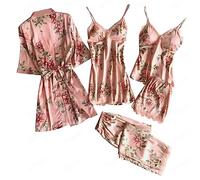 Ladies Pyjamas 5 Piece Satin Pjs Set Summer Floral Print Pajamas 3/4 Sleeve Kimono Robe Comfortable Cami Tops Elastic Waist Shorts and Pants Women’s Brides Weddding Sleepwear Sets