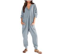 Ladies Pyjamas Cotton All in One Piece Baggy Playsuit V Neck Long Sleeve Rompers Trousers with Pockets Plain Overalls Oversized Onesie Pants Loose Womens Nightwear Home Going Out Sleepwear