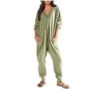 Ladies Pyjamas Cotton All in One Piece Baggy Playsuit V Neck Long Sleeve Rompers Trousers with Pockets Plain Overalls Oversized Onesie Pants Loose Womens Nightwear Home Going Out Sleepwear
