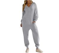 Ladies Pyjamas Cotton All in One Piece Baggy Playsuit V Neck Long Sleeve Rompers Trousers with Pockets Plain Overalls Oversized Onesie Pants Loose Womens Nightwear Home Going Out Sleepwear