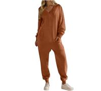 Ladies Pyjamas Cotton All in One Piece Baggy Playsuit V Neck Long Sleeve Rompers Trousers with Pockets Plain Overalls Oversized Onesie Pants Loose Womens Nightwear Home Going Out Sleepwear