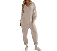 Ladies Pyjamas Cotton All in One Piece Baggy Playsuit V Neck Long Sleeve Rompers Trousers with Pockets Plain Overalls Oversized Onesie Pants Loose Womens Nightwear Home Going Out Sleepwear