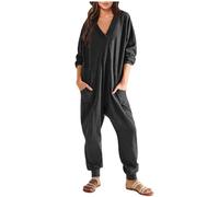 Ladies Pyjamas Cotton All in One Piece Baggy Playsuit V Neck Long Sleeve Rompers Trousers with Pockets Plain Overalls Oversized Onesie Pants Loose Womens Nightwear Home Going Out Sleepwear