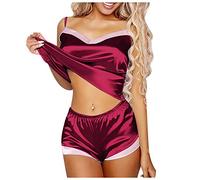 Ladies Pyjamas Set Lace Ice Silk Cami Vests Shorts Suits Lounge Wear Tank Top Shorts Erotic Nightwear Summer Pjs Set Breathable Cosy Bride Pjs Set Outfits Plus Size Sleepwear Suit for Women UK Wine