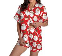 Ladies Pyjamas Set Womens Loungewear Soft Tops Women Pajamas Graphic Printed Silk Satin Cute Sleepwear Buttons Short Sleeve Tops Shorts Sets Xmas Family Christmas Pyjamas Tops (Red, XXL)