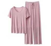Ladies Pyjamas Size 16 Solid Color Outfits Soft Ribbed V Neck Short Sleeve Tops and Wide Leg Crop Trousers Elastic Waist Pants Casual Tracksuits Loungewear Sleepwear Sets