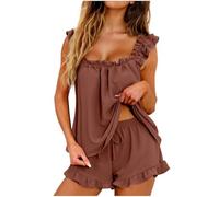 Ladies Pyjamas Size 18 Summer 2PCS Pajamas Sets Boat Collar Sleeveless Ruffle Backless Crop Tank Top + Solid Color Ruffle Shorts Lounge Pajama Set Sleepwear