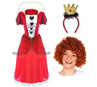 Ladies Queen of Hearts Costume - Long Red & Black Dress with Hearts Decoration and Curly Ginger Wig - Ladies World Book Day Halloween Fancy Dress Costume (X-Large)