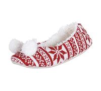Ladies Red Fair Isle Knit Ballet Ballerina Slippers with Fabric Sole UK 3-4
