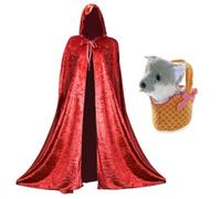 Ladies Red Riding Hood Accessory Set - Long Red Velour Cape with Hood, Plush Toy Wolf in Soft Basket - Adults Womens School Book Week World Book Day Fancy Dress Costume Accessory
