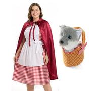Ladies Red Riding Hood Costume & Basket - Medium - Red Cape With Hood, Red and White Dress, With White Apron, Soft Basket and Grey Toy Wolf - Perfect for World Book Day Fancy Dress