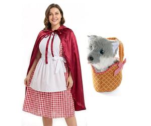 Ladies Red Riding Hood Costume & Basket - Medium - Red Cape With Hood, Red and White Dress, With White Apron, Soft Basket and Grey Toy Wolf - Perfect for World Book Day Fancy Dress