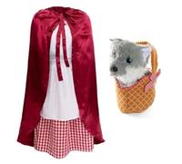Ladies Red Riding Hood Costume & Basket Red Cape With Hood, Red and White Dress, With White Apron, Soft Basket and Grey Toy Wolf - Perfect for World Book Day Fancy Dress Womens