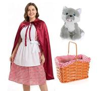 Ladies Red Riding Hood Costume - Gingham Apron Dress, Red Cape, Plastic Gingham Basket and Plush Toy Wolf - Adults Womens Storybook World Book Day Fancy Dress Costume