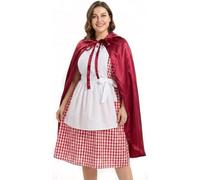 Ladies Red Riding Hood Costume - Red and White Gingham Dress with Attached White Apron, Long Red Cape with Hood - Womens Fairytale World Book Day Fancy Dress Costume